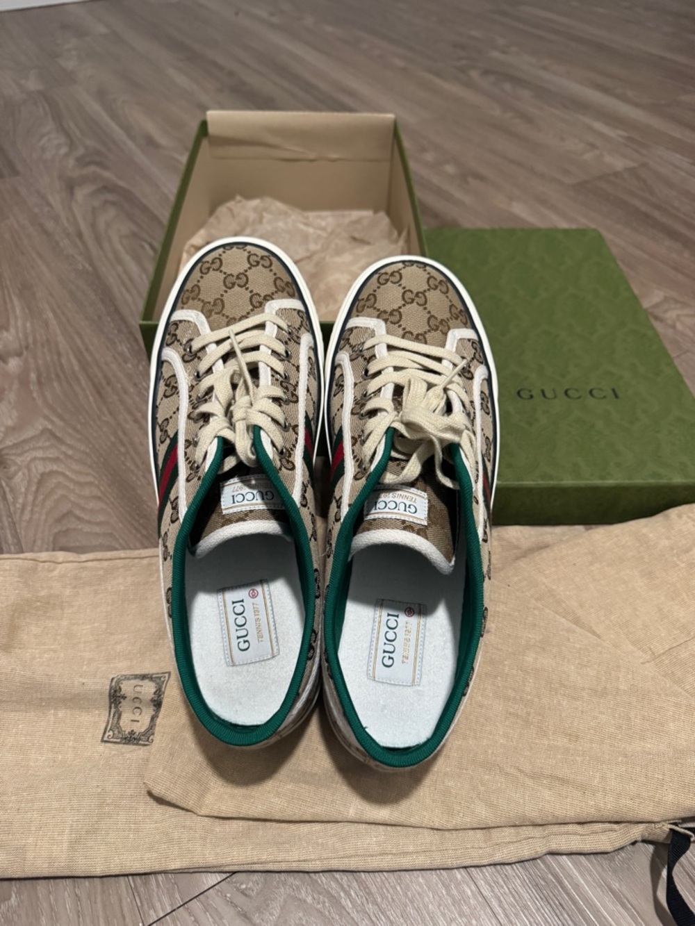 Gucci Beige GG Supreme Canvas Sneakers with Green & Red Accents